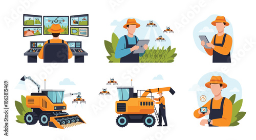 A modern farmer utilizing advanced agricultural technology, including drones, robotic harvesters, and a central control room for monitoring.