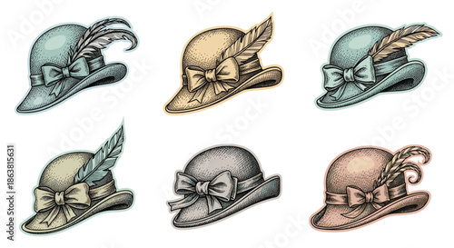 A beautiful collection of six vintage ladies' hats adorned with ribbons and feathers, drawn in a classic, colorful sketch style.