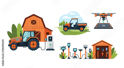 A concept of sustainable agriculture with an electric tractor, UTV, and garden tools charging at modern power stations on a farm.