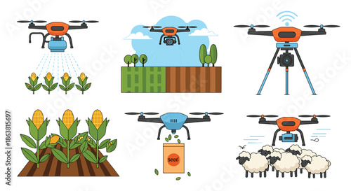 A set of illustrations showing agricultural drones in action, from spraying and seeding cornfields to herding sheep from above.