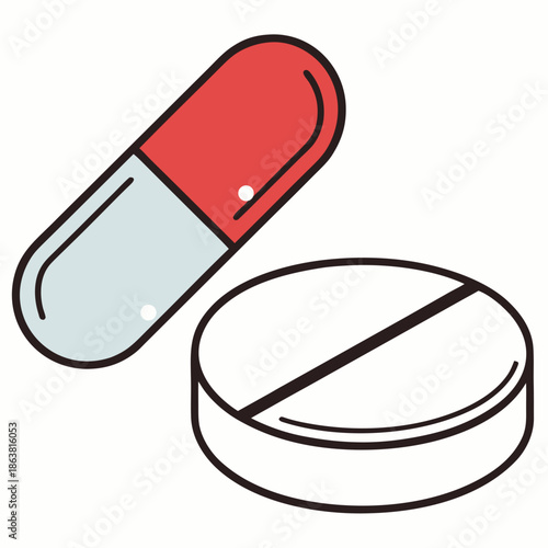 two common forms of oral medication: a red and light blue capsule, and a white tablet with a scored line for splitting. It illustrates basic pharmaceutical formats used in healthcare.