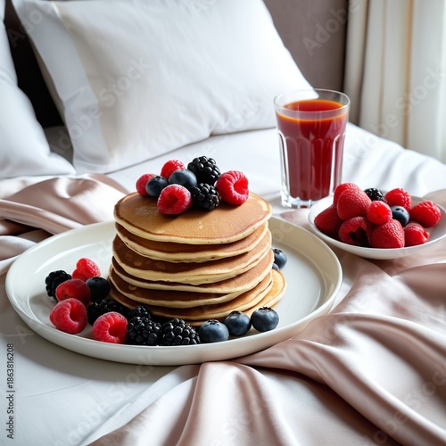 A cozy breakfast scene featuring a stack of pancakes topped with fresh berries, accompanied by a bowl of fruit and a glass of juice on a bed.