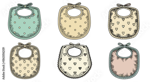A charming set of six baby bibs with polka dot and heart patterns, illustrated in a classic, hand-drawn vintage style.