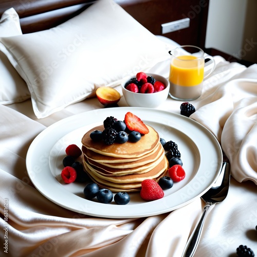 A cozy breakfast setting with fluffy pancakes topped with fresh berries, served in bed with a glass of orange juice.