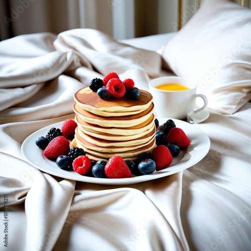 A stack of pancakes topped with fresh berries, served alongside a cup of orange juice on a cozy bed setting.