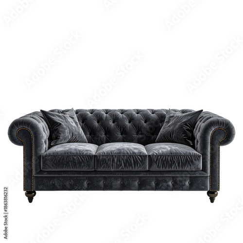 Elegant, tufted, velvet sofa with two pillows, against a black backdrop