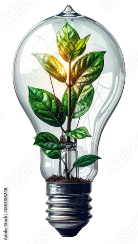 A light bulb with a flourishing plant inside, concept of eco-friendly energy