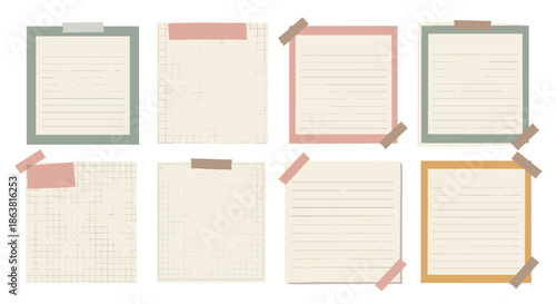 A set of eight grungy textured note papers in various colors and designs, held by pieces of adhesive washi tape.