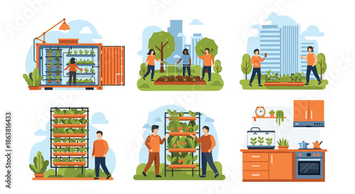 Collection of scenes showing people involved in urban farming, including vertical gardens, community plots, and container gardening.