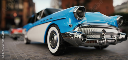 Konstfotografi Classic Light Blue Vintage Car on Urban Street