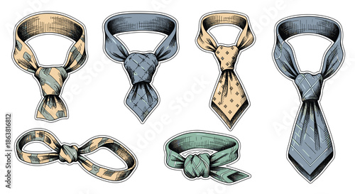 Assortment of vintage men's neckwear, featuring various knotted ties, bow ties, and cravats in a hand-drawn illustrated style.