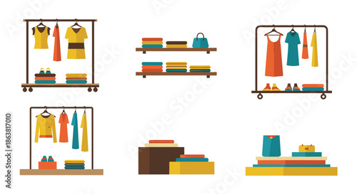 Set of flat design illustrations showing clothing store interiors with garments on racks, folded on shelves, and accessories displayed.