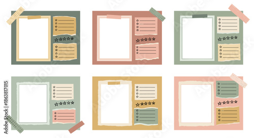 Collection of creative journal pages with checklists, star ratings, and blank spaces on layered, torn paper with washi tape.