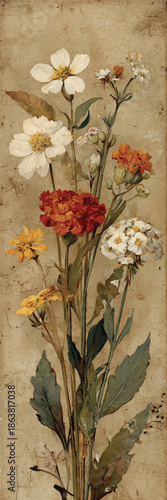 Vintage botanical bookmark illustration with hand-painted wildflowers, pressed leaves, and antique paper texture. bookmark illustration in 1:3 ratio with hand-painted wildflowers and antique paper