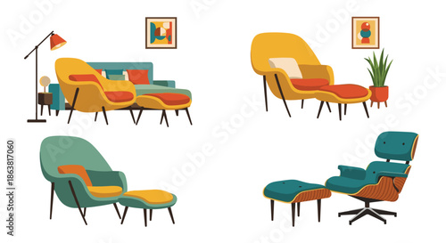 Set of iconic mid-century modern lounge chairs and sofas in vibrant colors, perfect for stylish retro interior design concepts.