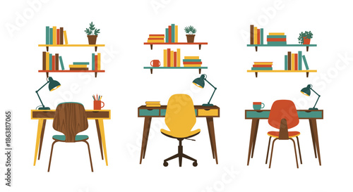 Three stylish mid-century modern home office setups, each with a wooden desk, a cool chair, bookshelves, and a desk lamp.