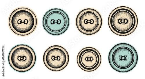 Set of eight classic sewing buttons in various sizes, illustrated in a charming, hand-drawn vintage sketch style with color accents.
