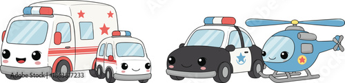 Cartoon Emergency Vehicles with Smiling Faces Including Ambulance, Police Car and Helicopter for Kids Educational Design