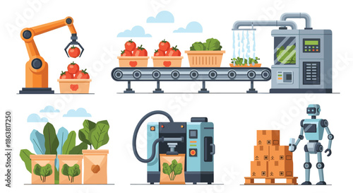 Illustrations of an automated food production line with robotic arms sorting tomatoes and machines packaging fresh greens efficiently.