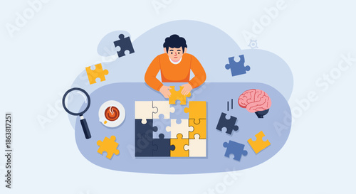 Man solving a jigsaw puzzle as a brain-training exercise, with coffee, a magnifying glass, and a brain icon.