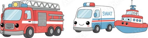 Cartoon Emergency Vehicles with Smiling Faces Including Fire Truck, SWAT Van and Rescue Boat for Kids EducationCartoon Emergency Vehicles with Smiling Faces