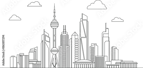 Modern City Skyline Line Art Featuring Skyscrapers, Towers and Clouds for Urban Architecture and Design Illustration Use
