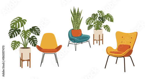 Set of stylish mid-century modern armchairs paired with large, leafy houseplants like Monstera and Snake Plant for interior design.