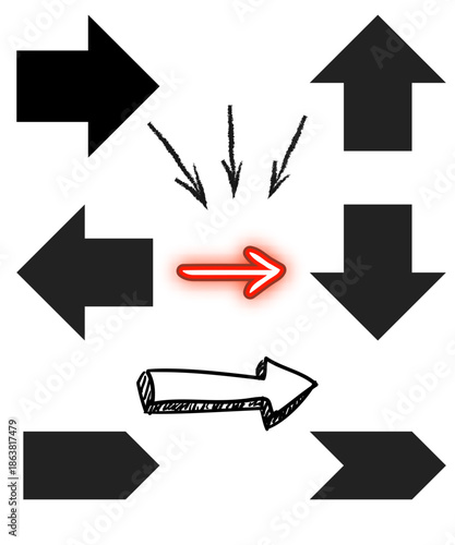 A central glowing red rightward directional arrow is highlighted amidst several dark directional indicators on transparent background