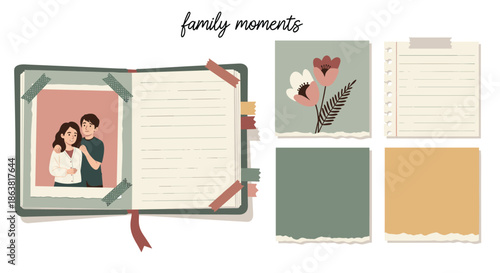 Romantic scrapbook layout with a 'family moments' theme, featuring a couple's photo, blank notes, and floral sticker elements.