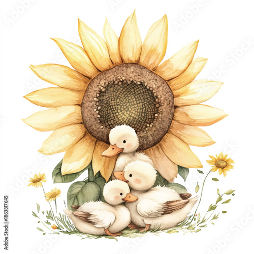 Watercolor Ducklings Snuggling Under a Sunflower Illustration.