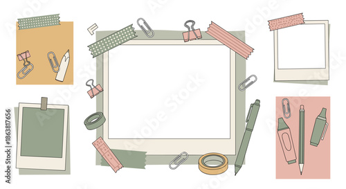 Creative set of scrapbooking and journaling supplies, including a large blank frame, washi tape, paper clips, and writing tools.