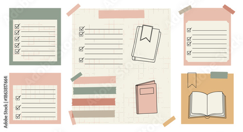 Set of aesthetic journal elements including to-do lists, book illustrations, and pieces of washi tape for scrapbooking projects.