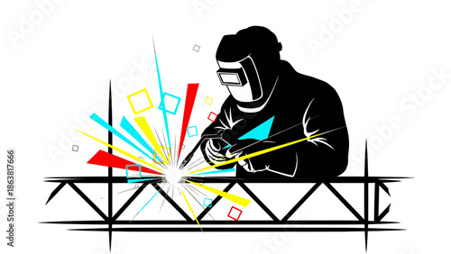 Welder Working with Bright Sparks Flying.