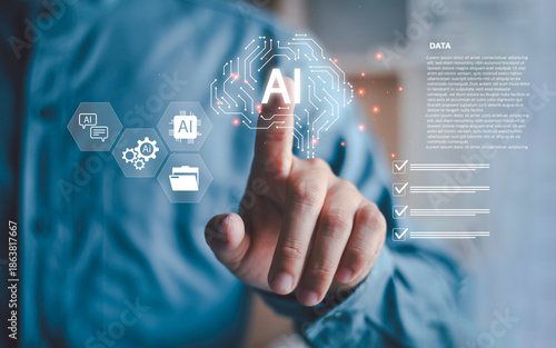 The concept of AI agents and artificial intelligence envisions humans using their hands to interact with virtual AI interfaces for analysis, communication, and advanced business technology systems.