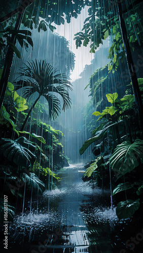 Tropical Rainforest During Heavy Rainfall with Palm Trees 

