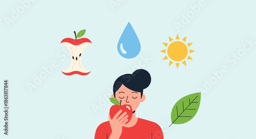 Minimalist illustration of a person eating a fresh apple, surrounded by icons representing nature, composting, and healthy living.