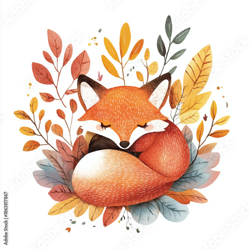Watercolor Fox Curled Up Amongst Autumn Leaves a Cozy Fall Scene.