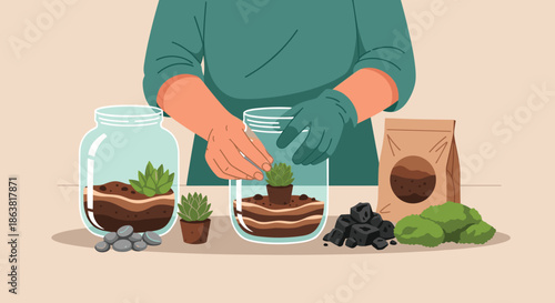 Person with green gloves carefully planting a small succulent in a glass jar to create a beautiful DIY terrarium at home.