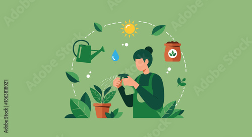Person tending to a houseplant, surrounded by icons for sun, water, and fertilizer, illustrating the process of plant care and gardening.