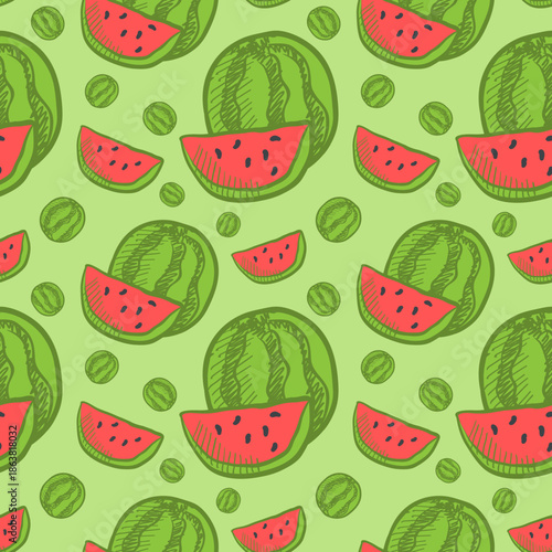 Hand drawn watermelon seamless pattern background. Suitable for food packaging, textile prints, and fruity themed designs