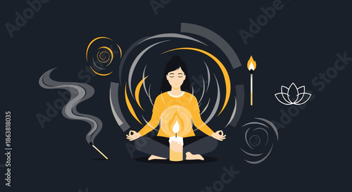 Spiritual illustration of a woman in deep meditation, surrounded by sensory elements like a candle, incense, and energy.