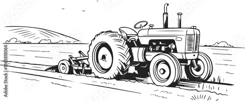 Vintage Farm Tractor Plowing Rural Field Vector Illustration