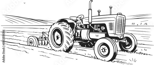 Vintage Farm Tractor Plowing Rural Field Vector Illustration