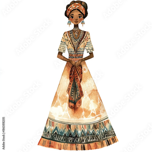 Watercolor illustration of a beautiful African woman in traditional attire.