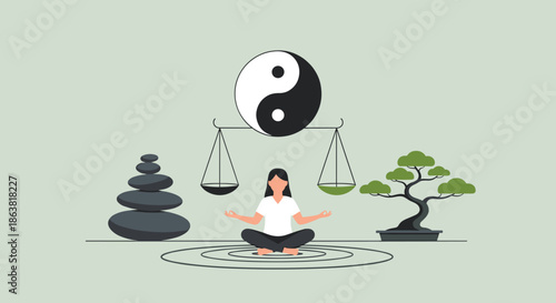 Woman meditating for mental balance with a yin-yang scale balancing zen stones and a bonsai tree above her head.