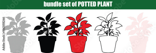 Minimalist Potted Plant Silhouette with Elegant Line Art Leaves and Abstract Dotted Shading; Creative Dot Art and Outline Vector of Houseplant for Modern Interior Branding.