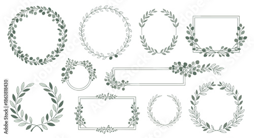 Collection of elegant watercolor frames and wreaths made of green eucalyptus leaves and branches, perfect for wedding invitations and stationery.