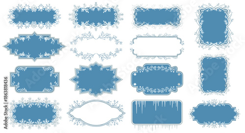 Set of blue winter and Christmas themed frames and labels, decorated with delicate snowflakes, frosty branches, and icicles for holiday designs.