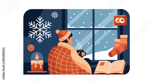 Cozy winter scene of a person with a hot drink and blanket looking out a snowy window with a book and a candle.