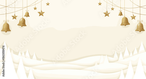 Elegant and minimalist Christmas background with a snowy landscape, white trees, and a delicate garland of golden bells and stars.